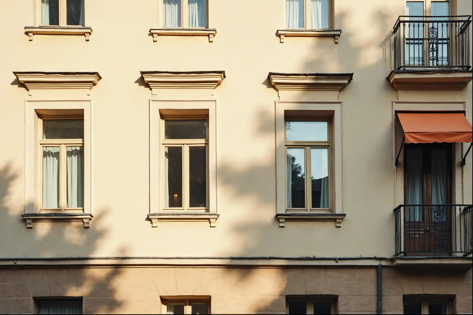 Sandfarbene Gründerzeitfassade mit hohen Fenstern, kleinen Balkonen und Baumschatten im warmen Morgenlicht
