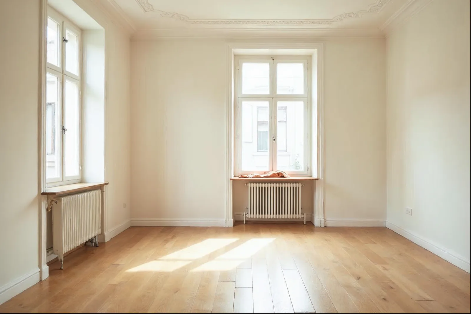 Leere, helle Altbauwohnung mit geöltem Eichenparkett, weißen Wänden, Stuckdecke und Morgenlicht durch zwei hohe Fenster