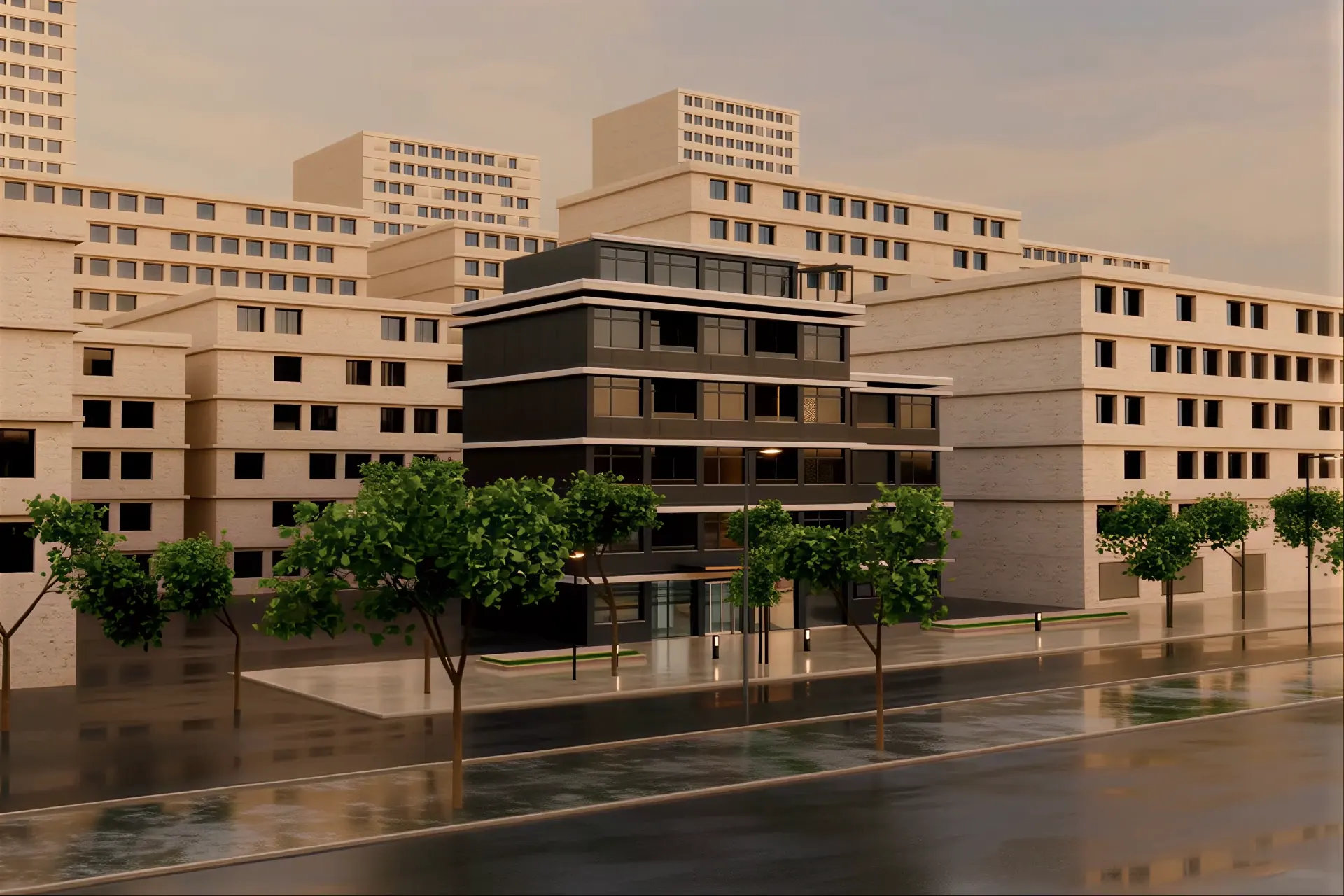 Moderne Wohnimmobilie in der Frankfurter Innenstadt zur blauen Stunde